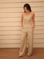 Calça Reta Nervuras Areia